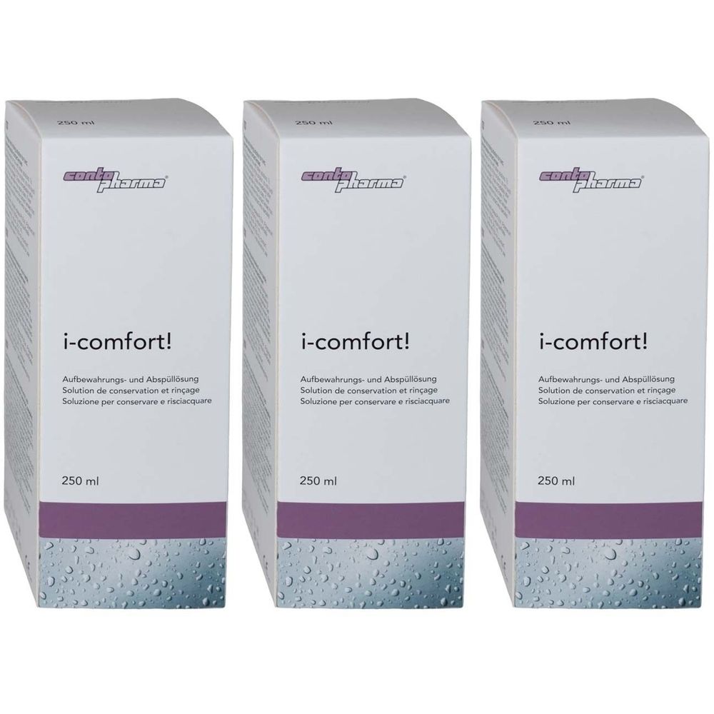 Drie witte dozen met paarse accenten. Opschrift: i-comfort! 250 ml. Tekst in het Duits, Frans en Italiaans.
