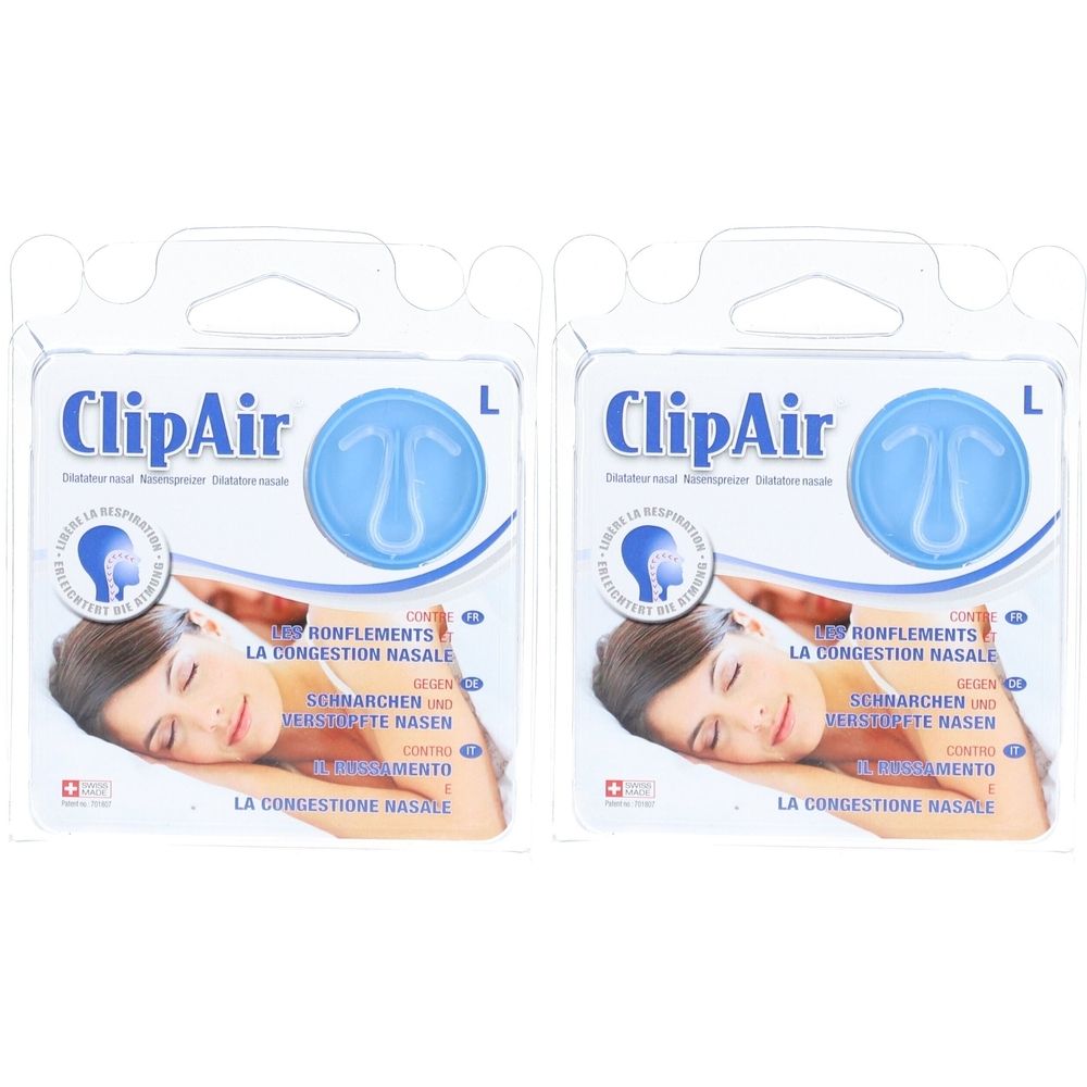Deux emballages de ClipAir dilatateur nasal taille L. Dilatateurs nasaux bleus dans des blisters transparents. Inscription : ClipAir, L.