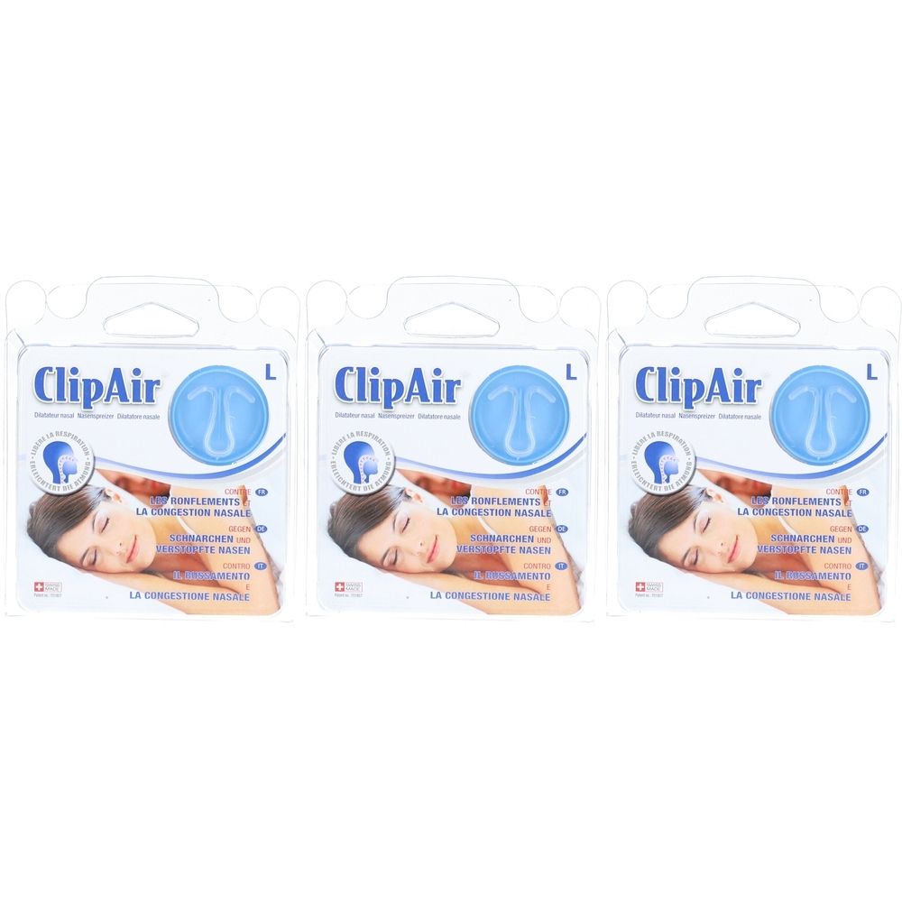 Trois paquets de dilatateurs nasaux CLIPAIR. Chaque paquet montre un embout nasal bleu, taille L, et une personne endormie.