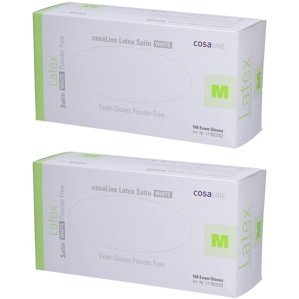 Twee dozen cosaLine Latex onderzoekshandschoenen. Witte verpakking met groene accenten en letter M.