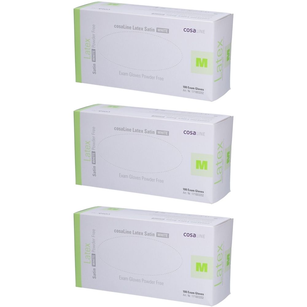 Drie dozen cosaLine Latex onderzoekshandschoenen M, poedervrij. Witte verpakking met groene accenten en productinformatie.