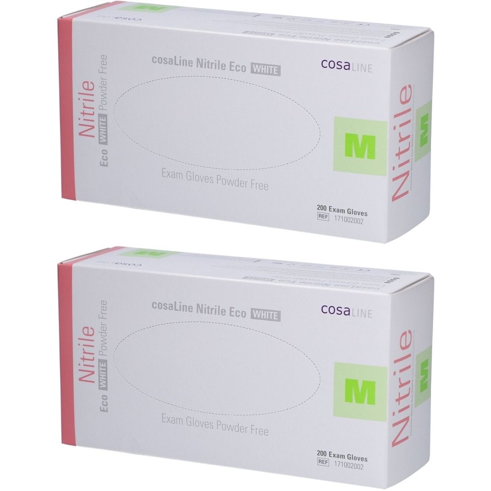 Twee dozen cosaLine Nitrile Eco White onderzoekshandschoenen, maat M. Opschrift: 200 Exam Gloves, Powder Free.