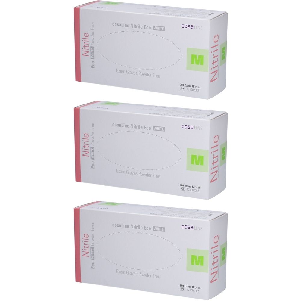 Trois boîtes de gants d'examen. Inscription : cosaLine Nitrile Eco, taille M, nitrile. Accents roses et verts.