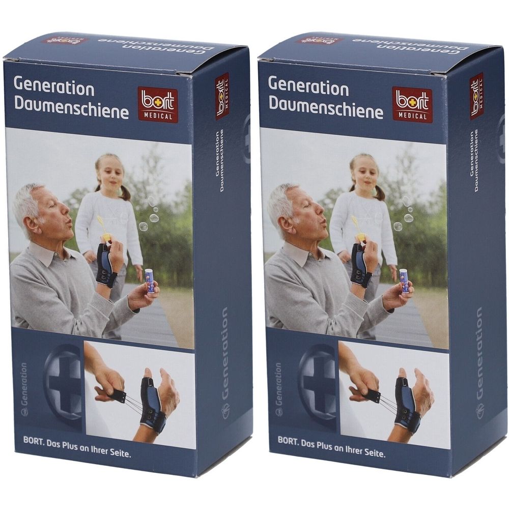 Twee dozen met productafbeelding. Opschrift: Generation Daumenschiene, merk BORT MEDICAL. Afbeelding van een man met duimbrace.