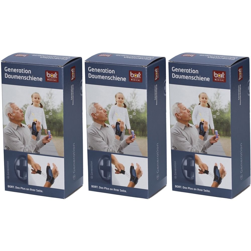 Drie productverpakkingen. Opdruk: Generation Daumenschiene, BORT medical. Afbeelding: man en kind met zeepbellen.