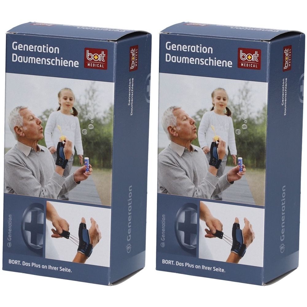 Twee productverpakkingen. Opschrift: Generation Daumenschiene, bort MEDICAL. Afbeelding van een man met duimbrace.
