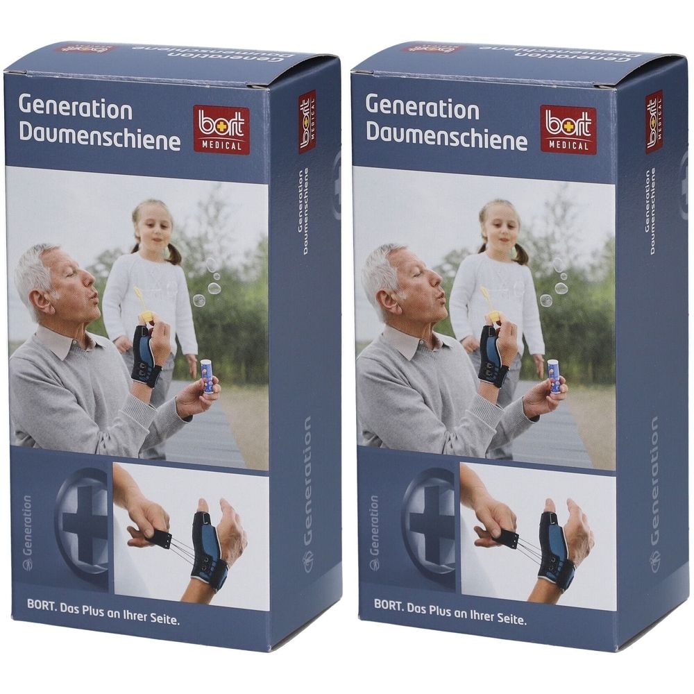 Deux boîtes de produit. Inscription : Generation Daumenschiene, marque BORT MEDICAL. Illustration d'un homme avec une attelle de pouce.