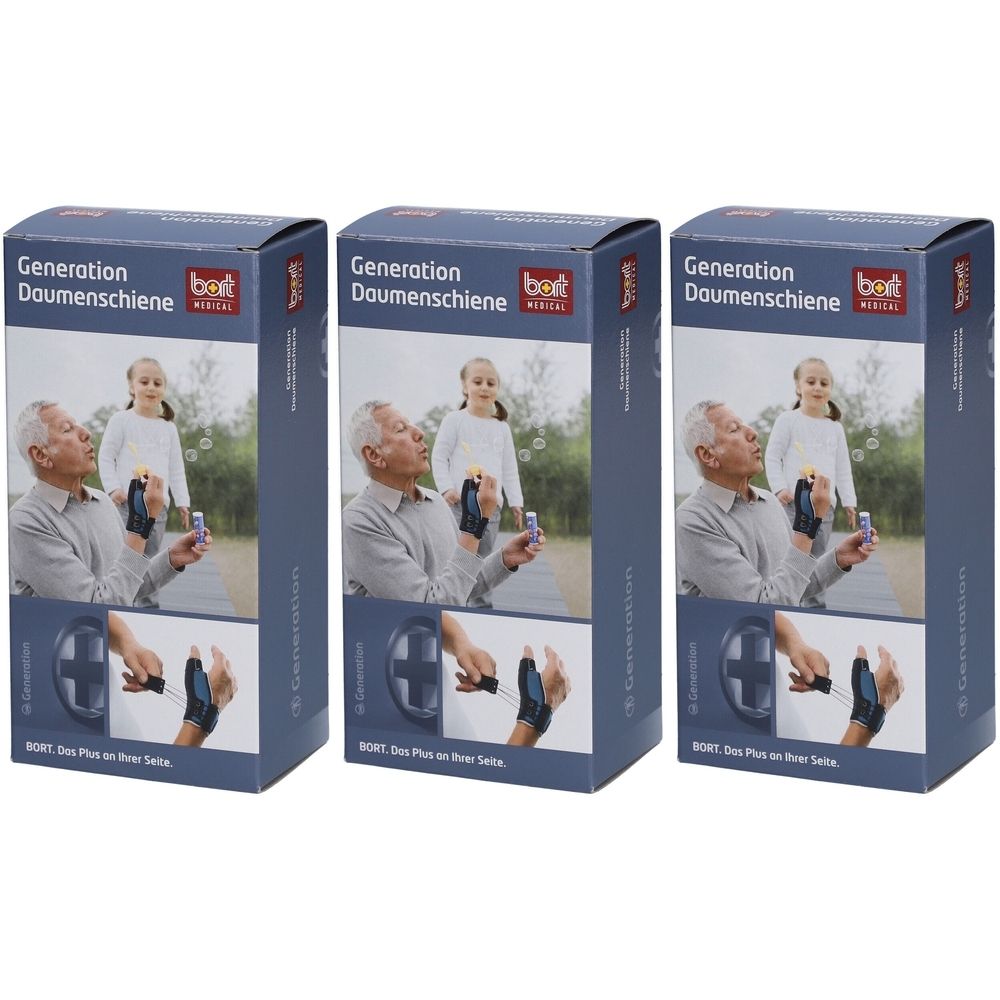 Drie productverpakkingen. Opschrift: Generation Daumenschiene. Merk: bort medical. Illustratie: man en kind met zeepbellen.