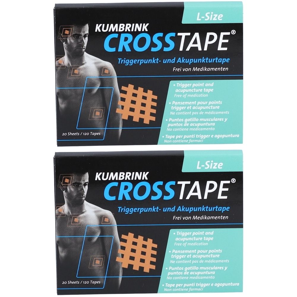 Twee verpakkingen CROSSTAPE acupunctuurpleisters. Zwarte verpakking met productnaam en afbeelding. L-Size.