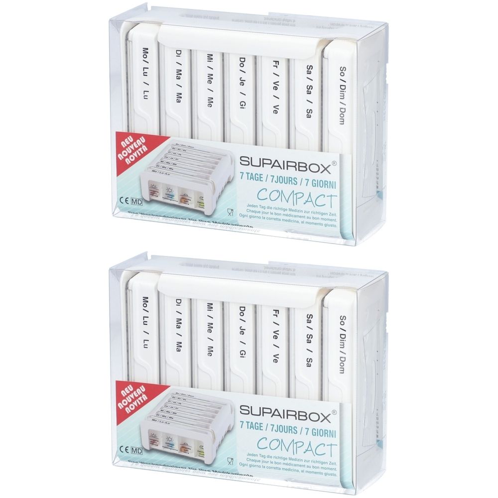 Deux piluliers blancs avec indications hebdomadaires. Inscription: SUPAIRBOX Compact, 7 jours/7 giorni. Emballage transparent.