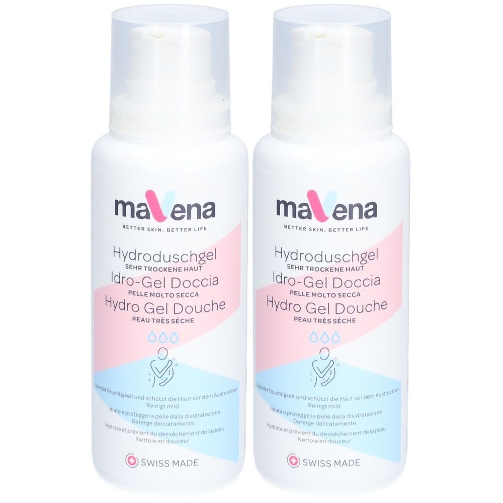 Twee witte flessen met pomp. Opschrift: Mavena Hydro Duschgel, in het Duits, Italiaans en Frans. Swiss Made.