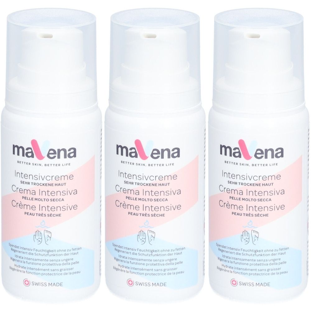 Drie witte flessen met pompsluiting. Op elke fles staat "mavena Intensivcreme" in meerdere talen. Swiss Made logo.
