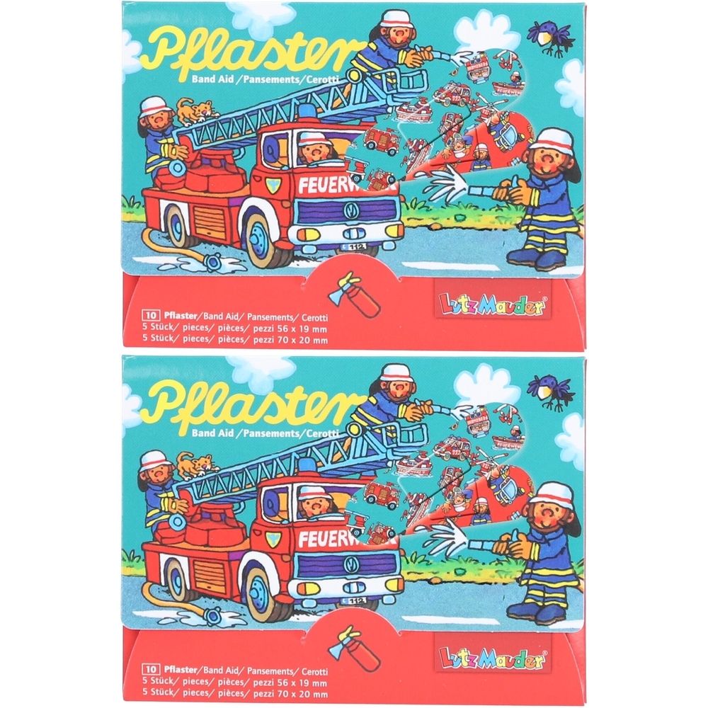 Twee dozen pleisters met brandweermotief. Opschrift "Pflaster" en "FEUER". Bevat 10 pleisters, 56 x 19 mm en 5 pleisters, 70 x 20 mm.
