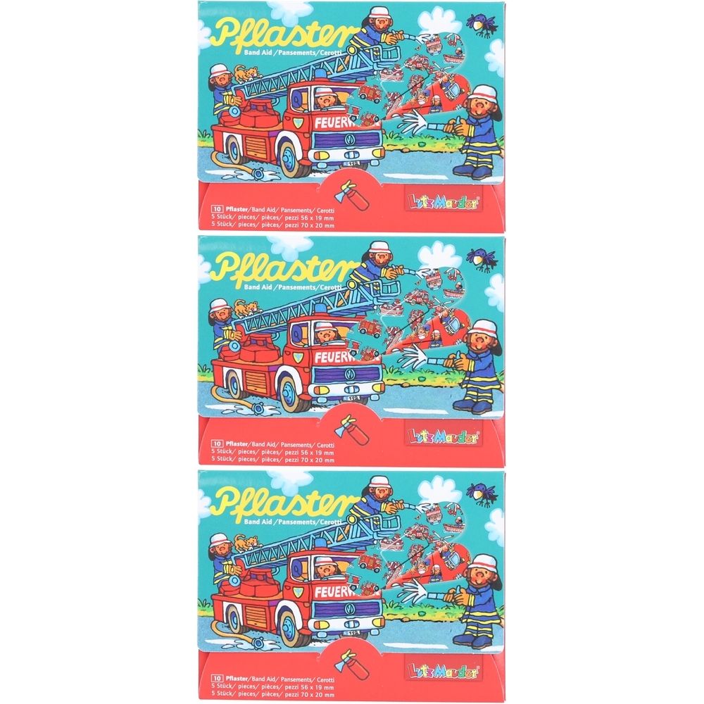 Drie dozen pleisters met een brandweermotief. Elke doos toont een rode brandweerwagen en een brandweerman. Tekst: Pflaster, Band-Aid, Feuer.
