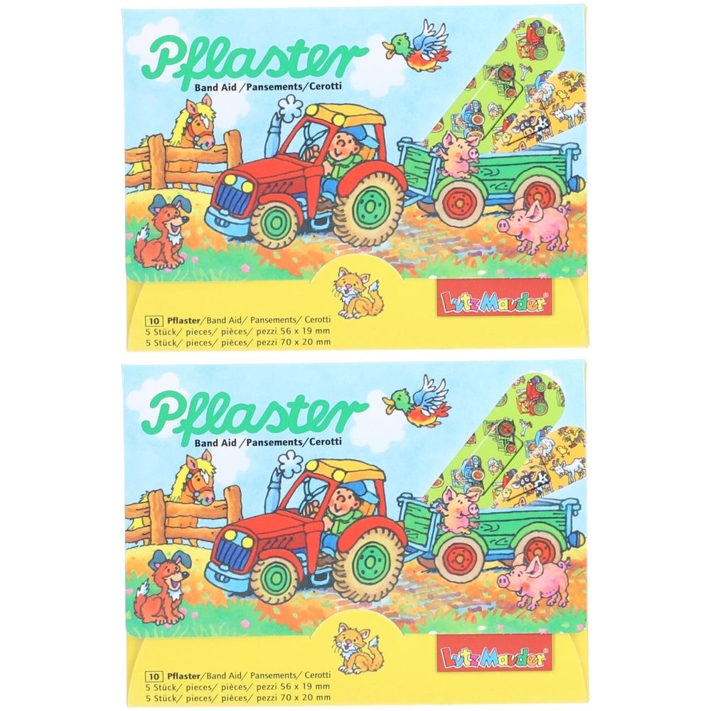 Twee pakjes pleisters met dierenmotieven. Opdruk: tractor, dieren. Tekst: Pflaster, Band Aid, Pansements, Cerotti. 10 stuks.