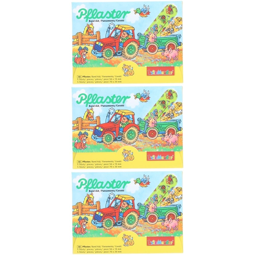 Trois paquets de pansements avec un motif de tracteur. Inscription "Pflaster". Chaque paquet montre un tracteur rouge avec une remorque et des motifs d'animaux.