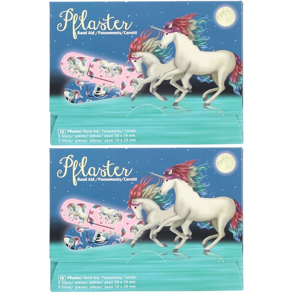 Twee dozen pleisters met eenhoornmotief. Opschrift "Pflaster". Elke doos toont eenhoorns en maan. Bevat 10 pleisters.