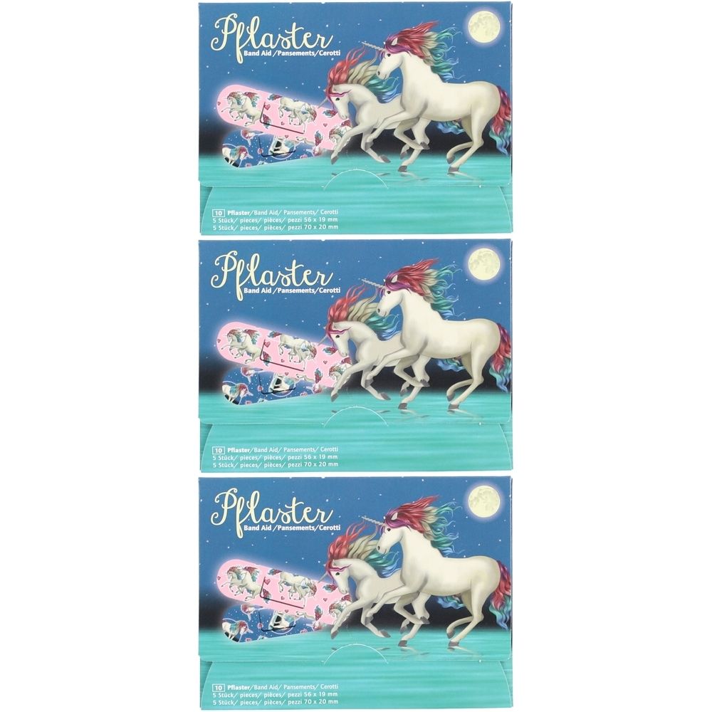 Trois boîtes de pansements avec un motif de licorne. Inscription "Pflaster". Chaque boîte présente un motif de licorne et contient des pansements.