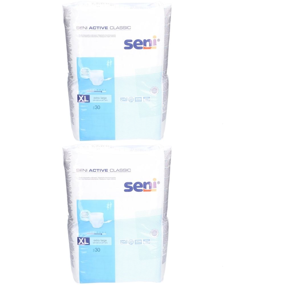 Deux paquets de sous-vêtements jetables élastiques SENI Active Classic XL. Emballage bleu et blanc avec image du produit et logo.