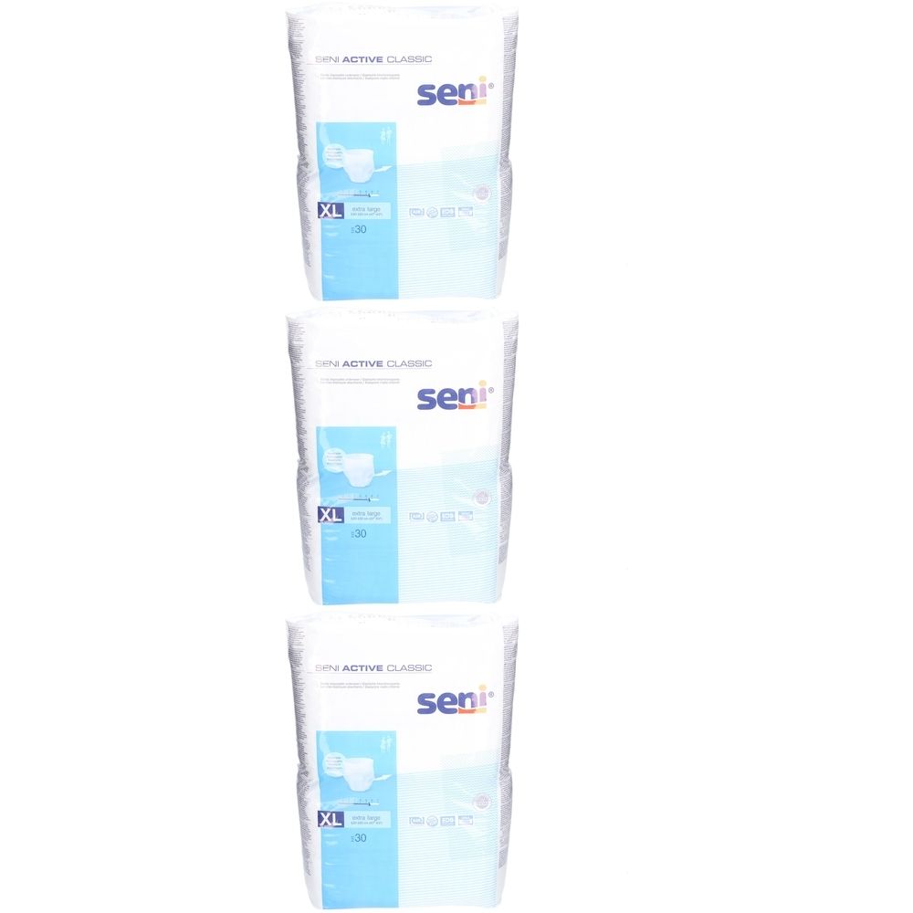 Drie verpakkingen SENI Active Klassische Elastische Wegwerponderbroeken XL. Witte verpakking met blauwe accenten en logo.