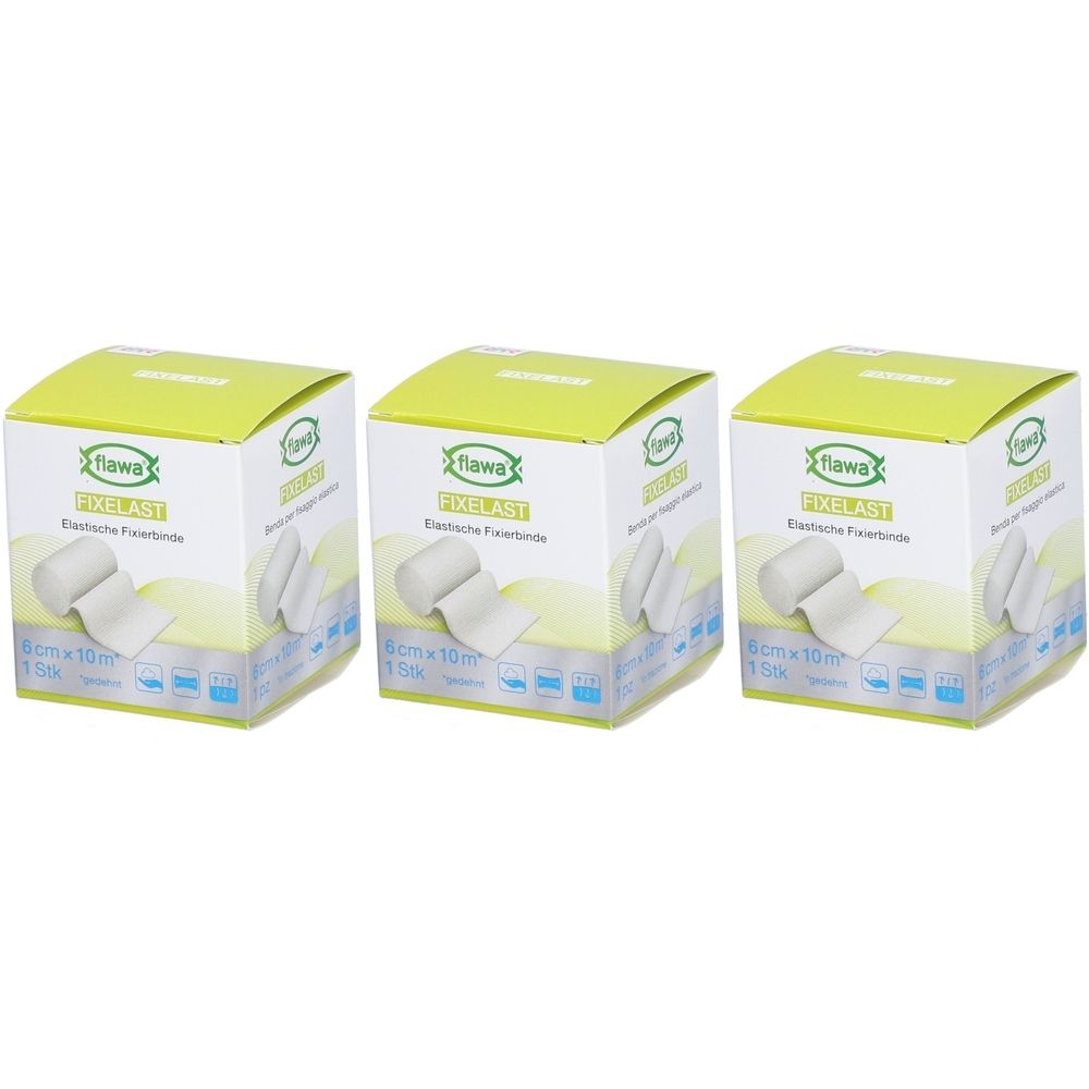 Drie dozen Flawa Fixelast elastisch fixatieverband. Opschrift: 6cmx10m, 1 st. Groen-witte verpakking met productafbeelding.