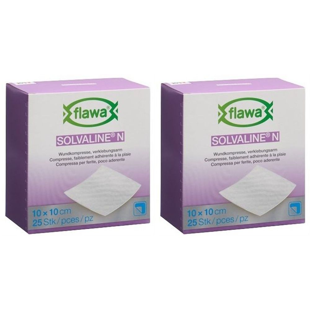Deux boîtes de compresses Flawa Solvaline N. Inscription : 10x10 cm, 25 pièces. Logo : Flawa. Texte : Compresse peu adhérente.