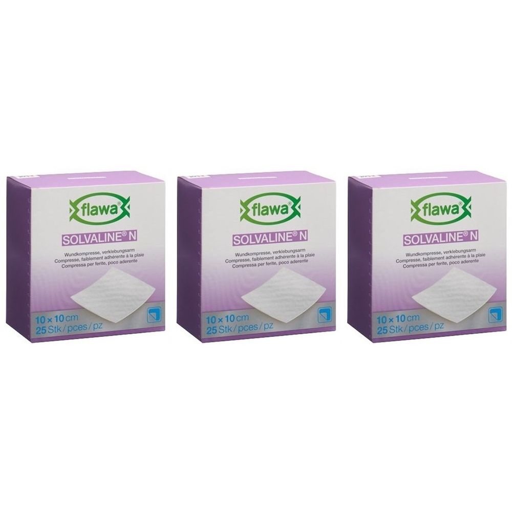 Drie dozen Flawa Solvaline N kompressen. Elke doos toont het product, de afmeting 10x10 cm en 25 stuks.