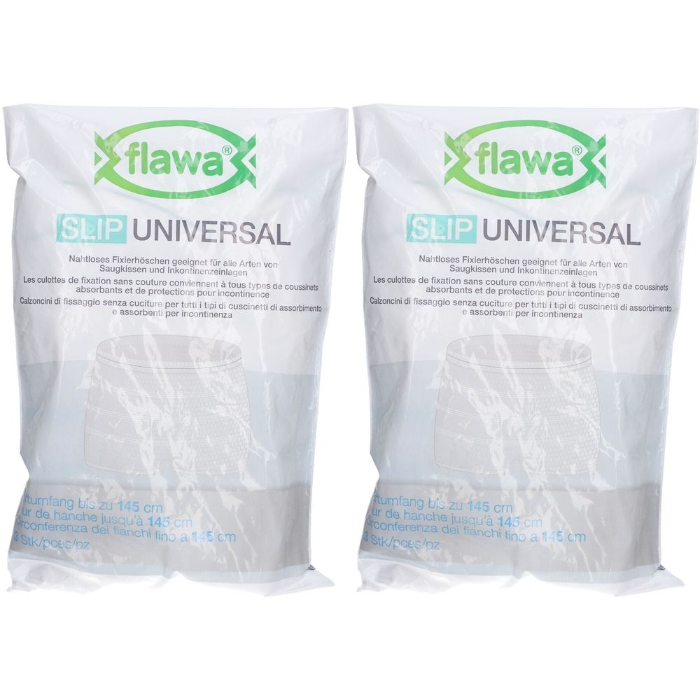 Twee witte zakken met productopdruk. Opschrift: flawa SLIP UNIVERSAL. Heupomvang tot 145 cm.