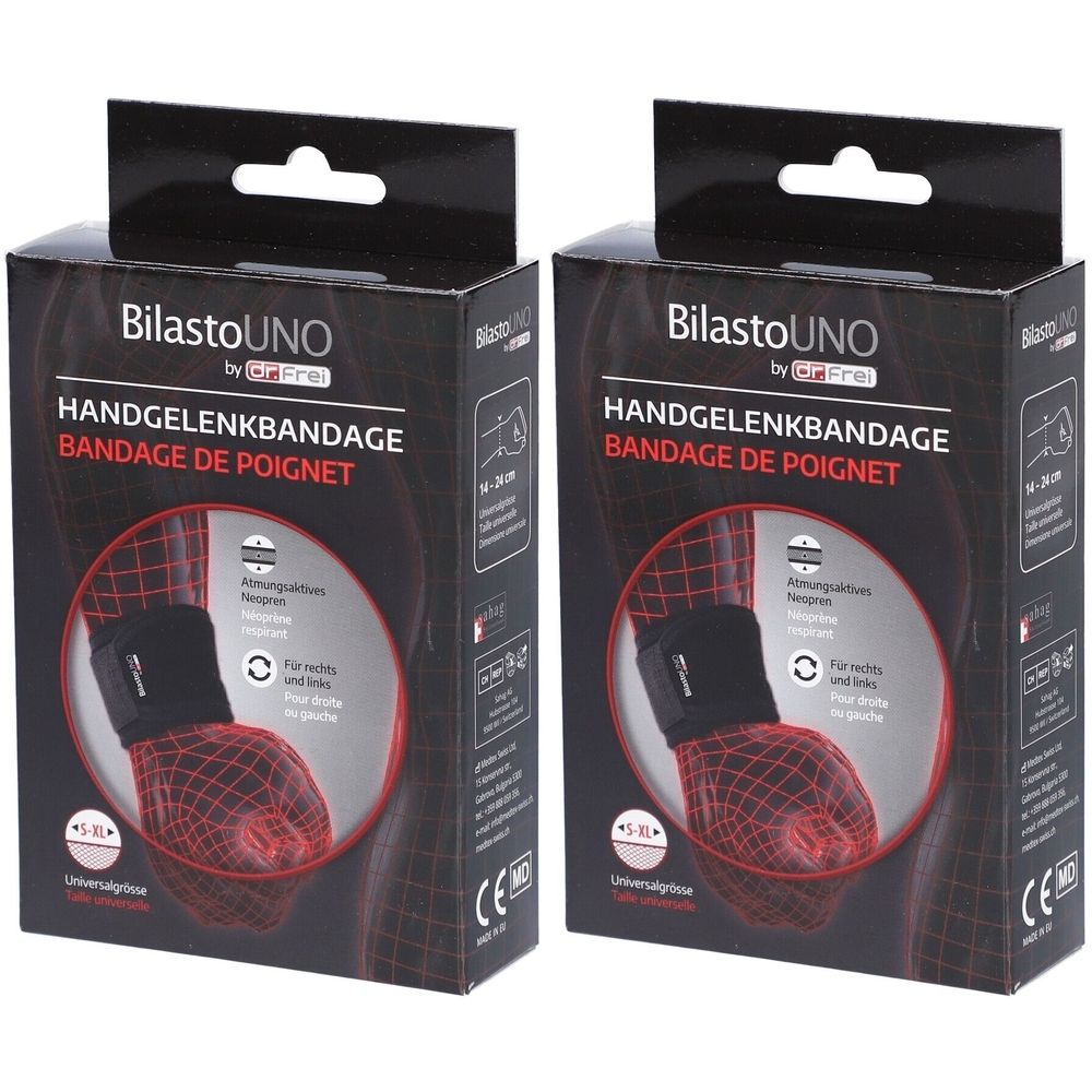 Twee zwarte dozen. Opschrift: BilastoUNO Polsbandage. Illustratie van een pols met bandage. CE-markering.