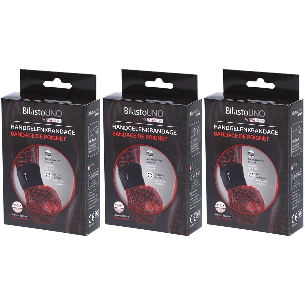 Trois boîtes de bandage de poignet. Chaque boîte porte l'inscription "BilastoUNO BANDAGE DE POIGNET". Marquage CE.