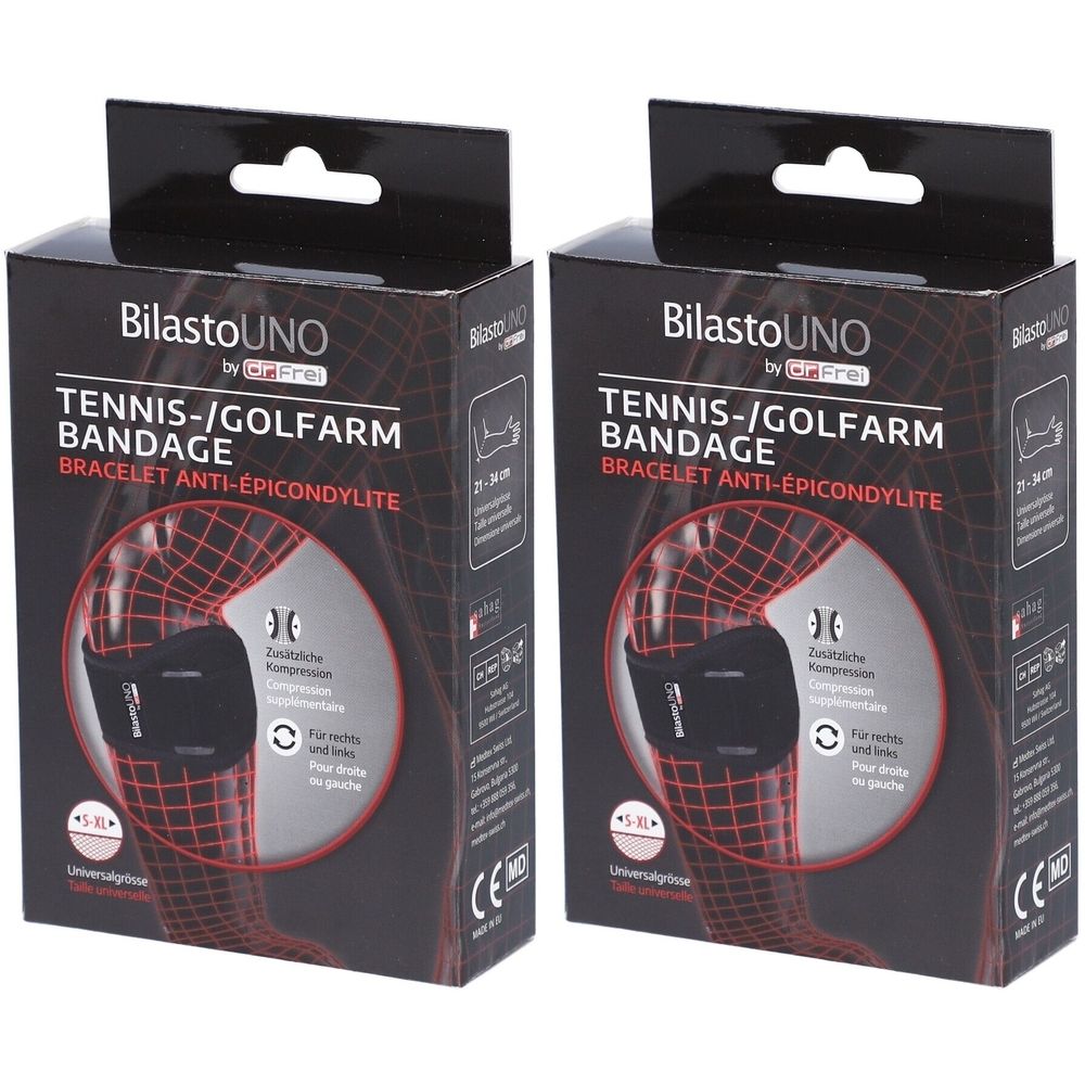 Twee productverpakkingen. Opschrift: BilastoUNO, Tennis-/Golfarm Bandage, Armband Anti-Epicondylite. CE-markering.