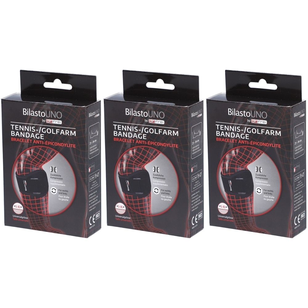 Trois boîtes de bracelet. Inscription: BilastoUNO, Tennis-/Golfarm Bandage, Bracelet Anti-Epicondylite. Marque CE.