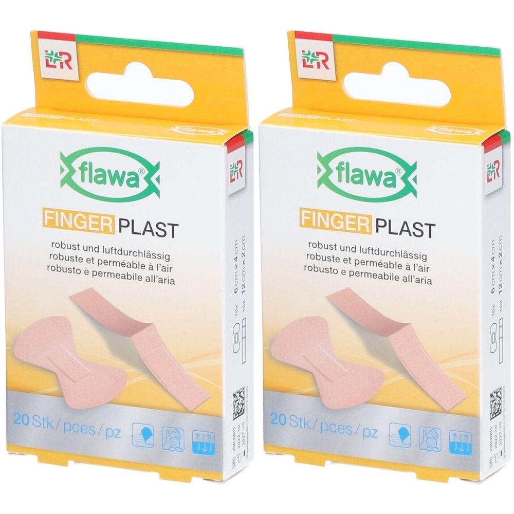 Twee dozen FLAWA Finger Plast. Opschrift: Finger Plast, 20 stuks. Beige vingerverbanden afgebeeld.