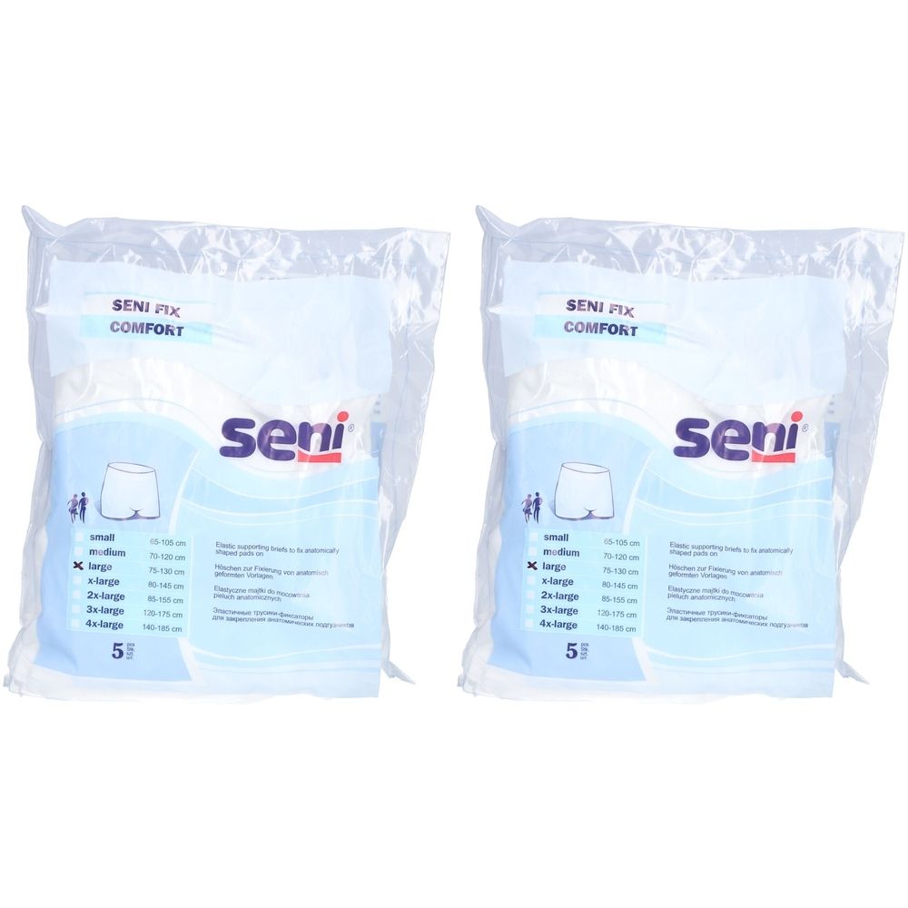 Twee verpakkingen SENI Fix Comfort maat L in plastic verpakking. Opschriften: SENI, Comfort, maatindicaties, 5 stuks.