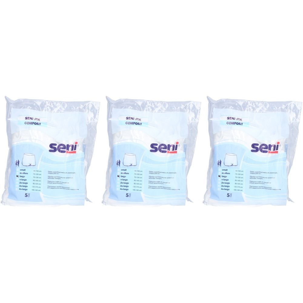 Drie verpakkingen Seni Fix Comfort. Elke verpakking toont een wit product verpakt in een transparante plastic zak. Afdrukken zijn zichtbaar.