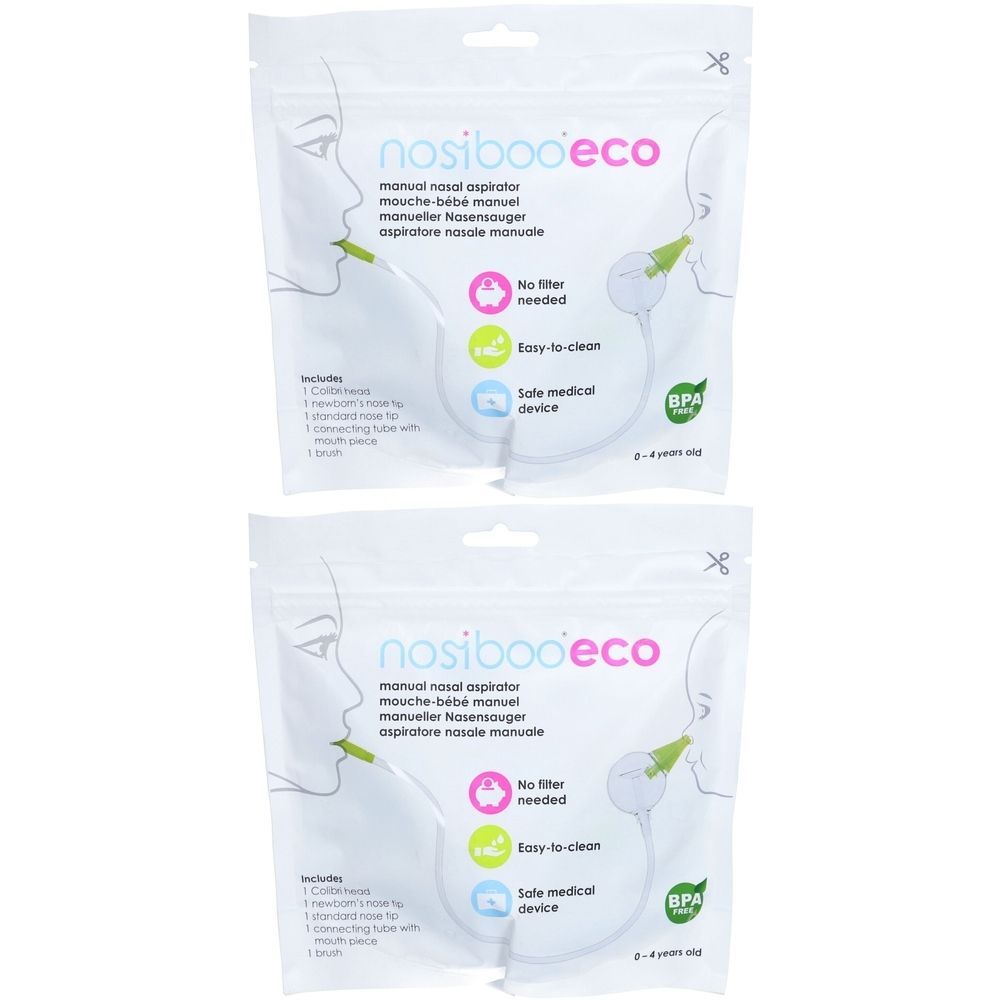 Twee verpakkingen van een handmatige neuszuiger. Opschrift: nosiboo eco, BPA-keurmerk, geen filter nodig, gemakkelijk schoon te maken, veilig medisch hulpmiddel.