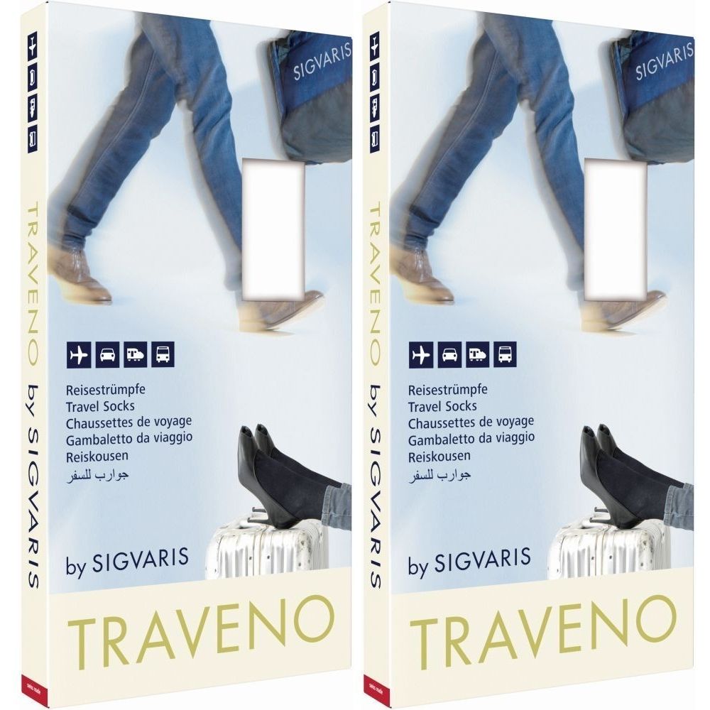Emballage de chaussettes de voyage. Inscription : TRAVENO by SIGVARIS. Illustration : jambes en jean et chaussures, pieds avec chaussettes sur une valise.