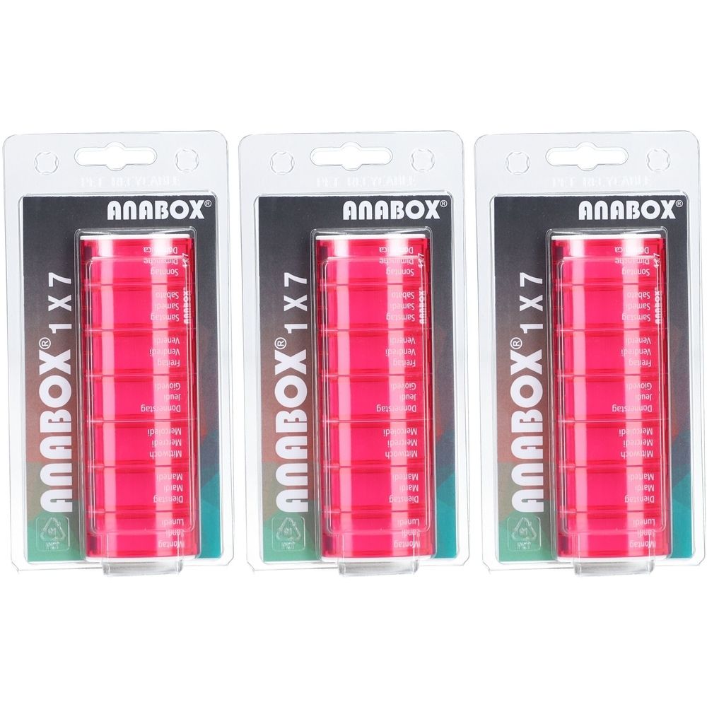 Trois piluliers roses sous blister. Inscription: ANABOX 1x7. Chaque boîte a sept compartiments.
