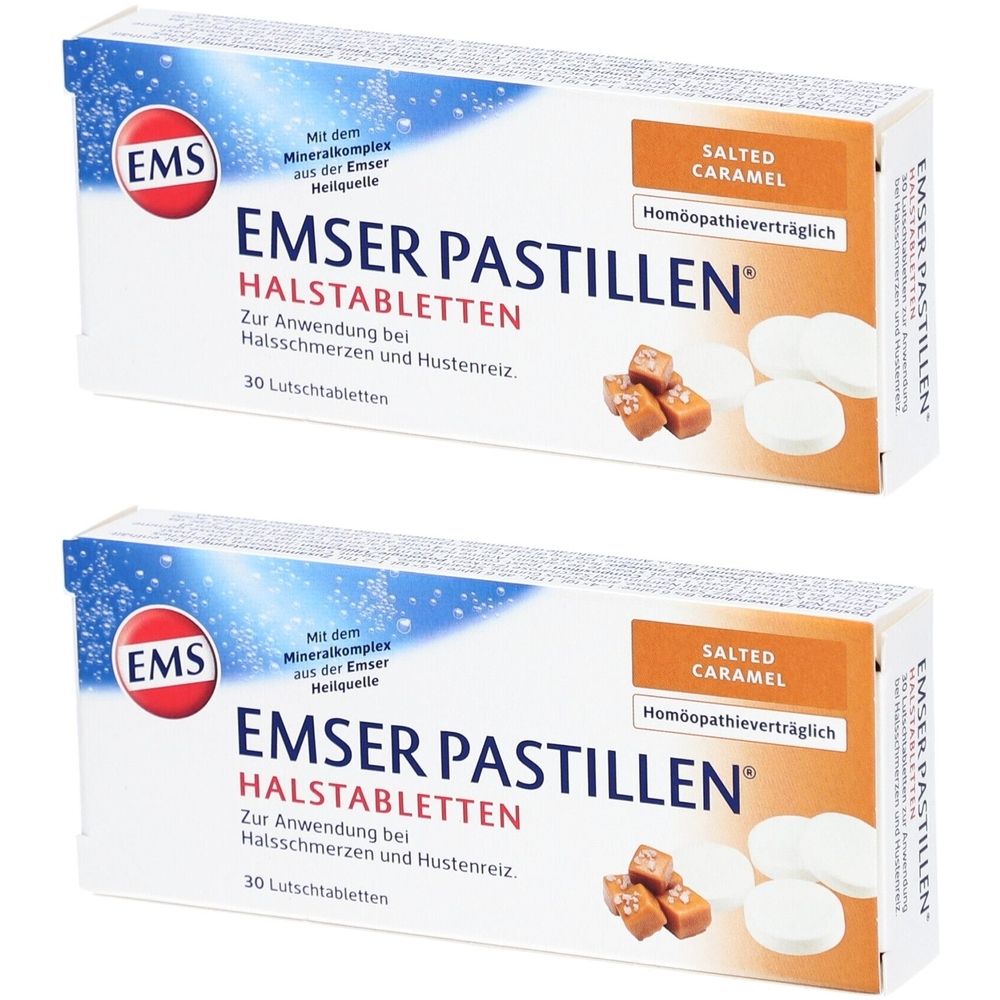 Twee dozen EMSER PASTILLEN. Opschrift: HALSTABLETTEN, SALTED CARAMEL. 30 zuigtabletten. Homeopathisch.