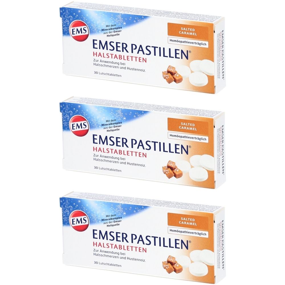 Drie dozen EMSER Pastillen. Opschrift: EMSER Pastillen Halstabletten, Salted Caramel. Afbeelding van pastilles en stukjes karamel.