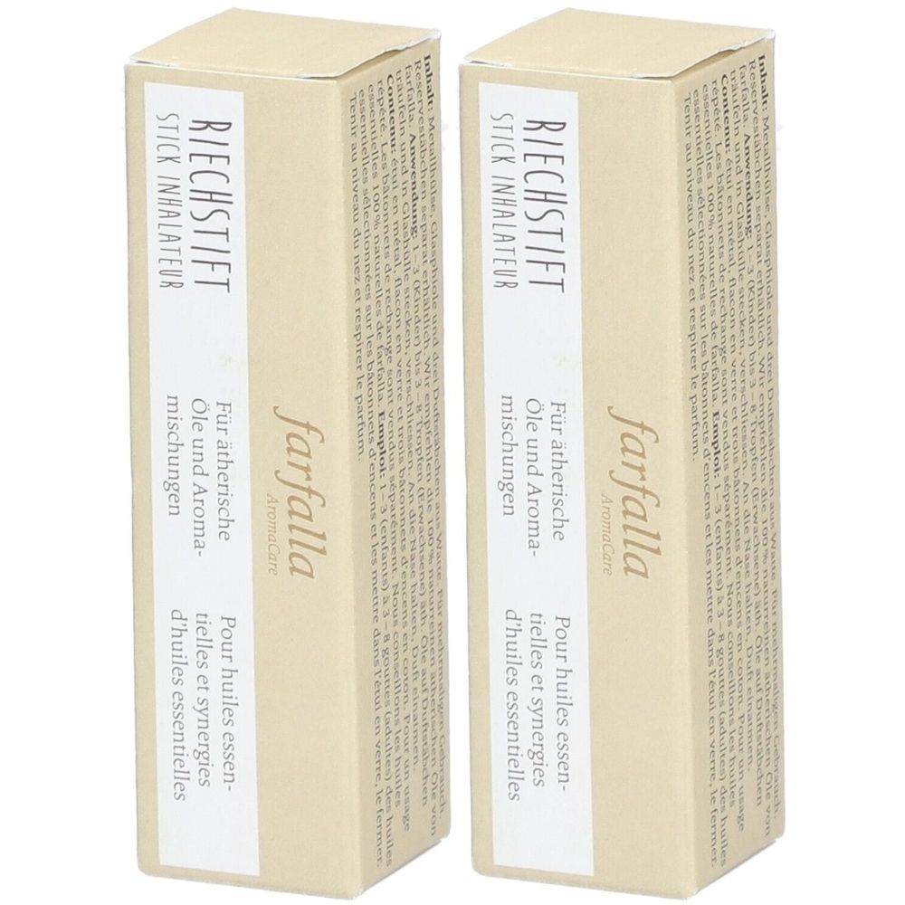 Deux boîtes rectangulaires avec l'inscription 'Riechstift'. Marque 'farfalla'. Texte en allemand et français.