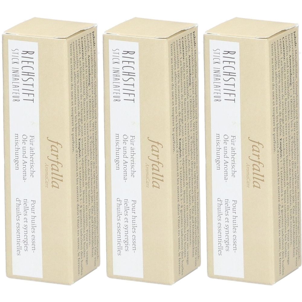 Trois boîtes rectangulaires. Inscription: Riechstift, farfalla. Texte en allemand et français. Pour huiles essentielles et synergies.
