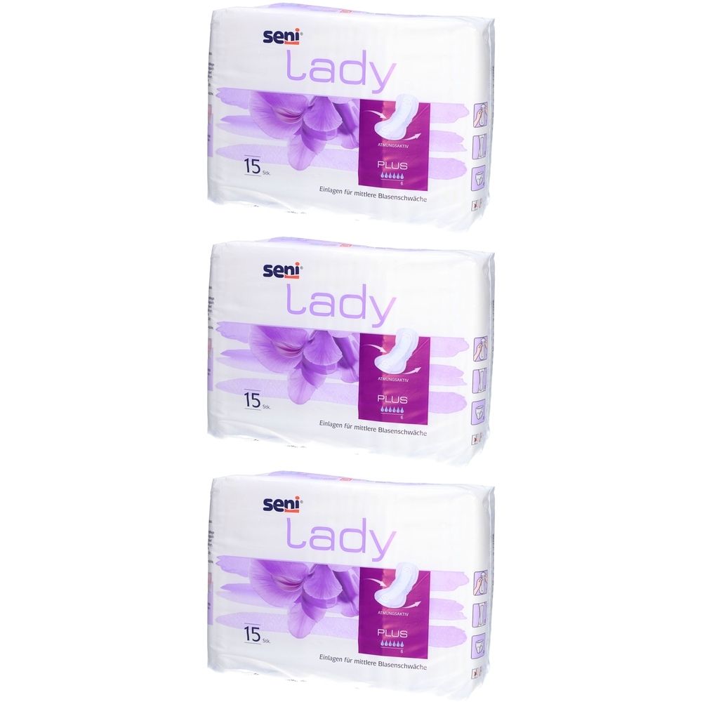 Drie pakken SENI Lady Plus inlegkruisjes. Witte verpakking met paars bloemmotief en productinformatie. Elke verpakking bevat 15 stuks.