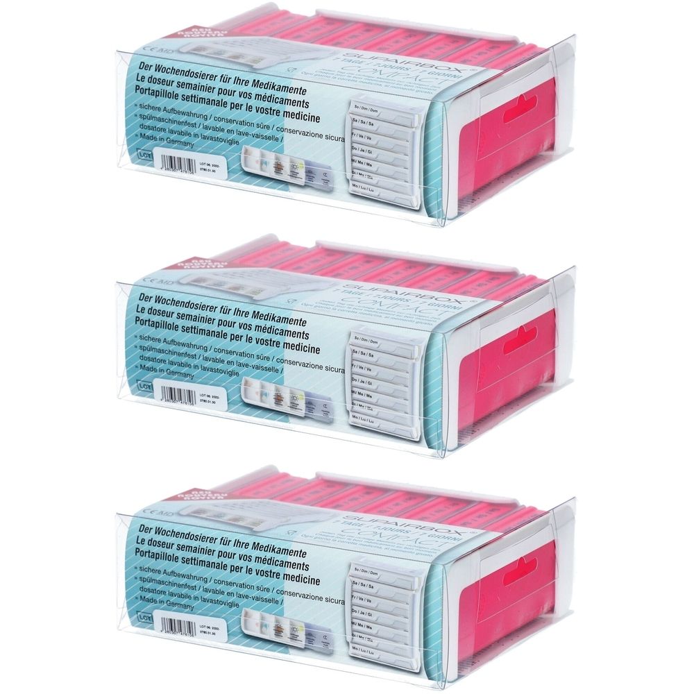 Drie SUPERBOX Semainier Rose in verpakking. Roze pillendoosjes met weekindeling. Tekst op de verpakking.