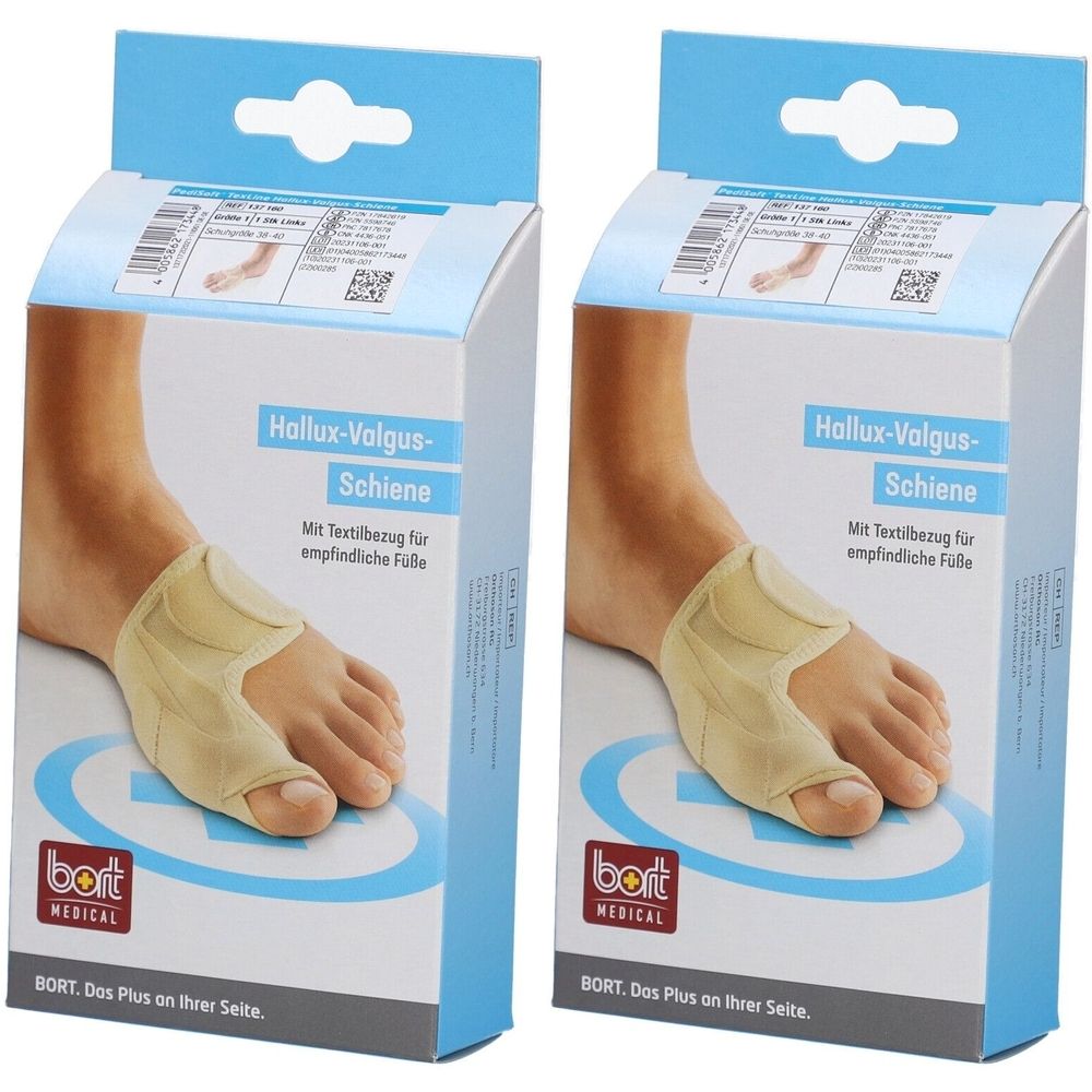 Twee verpakkingen met Hallux-Valgus-Schiene. Merk BORT MEDICAL. Productafbeelding: voet met brace.