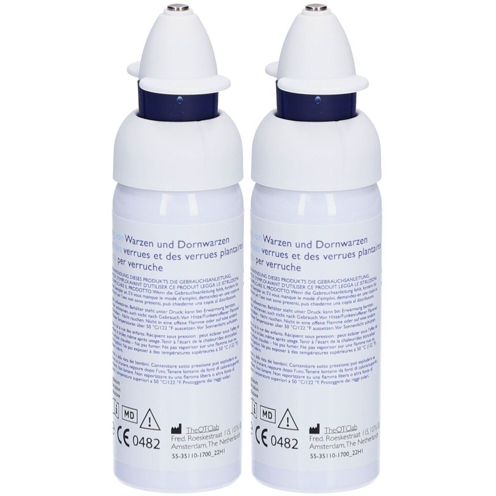 Deux flacons blancs avec des accents bleus et des applicateurs. Texte : Warzen und Dornwarzen. Marquage CE et autres symboles.