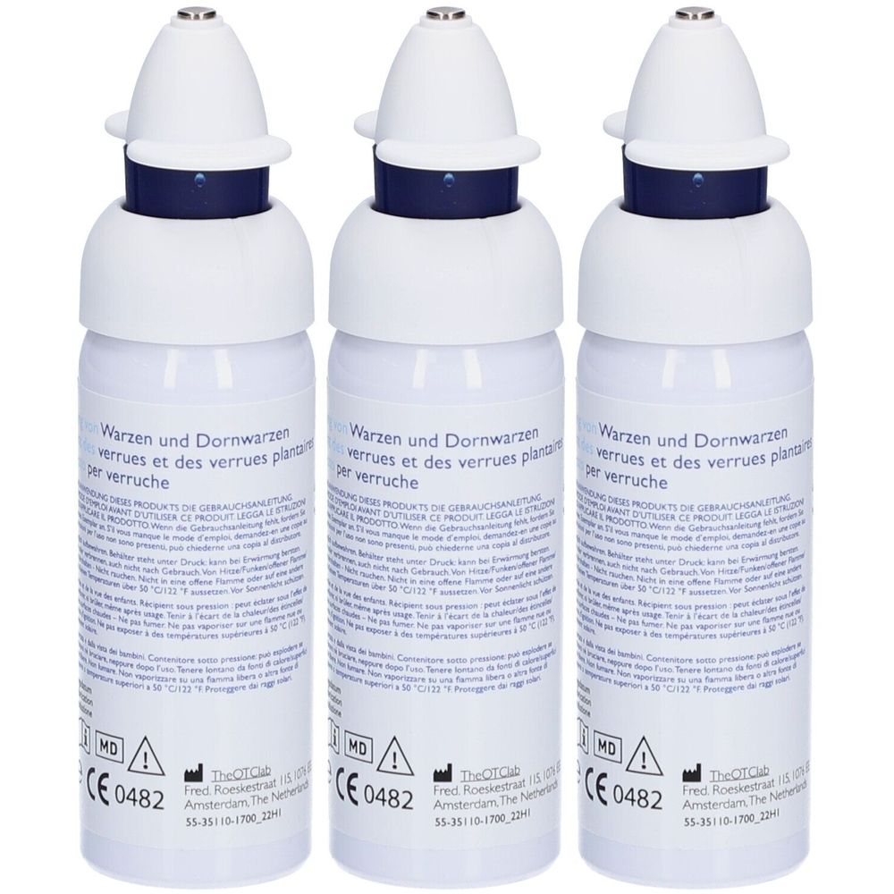 Drie witte flessen met blauwe accenten en opzetstukken. Opschrift: Wratten en voetwratten. Medisch hulpmiddel met CE-markering.