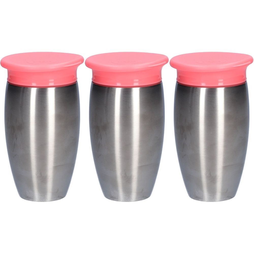 Drie roestvrijstalen bekers met roze deksels. De bekers zijn cilindrisch van vorm en hebben een glad, metalen oppervlak.