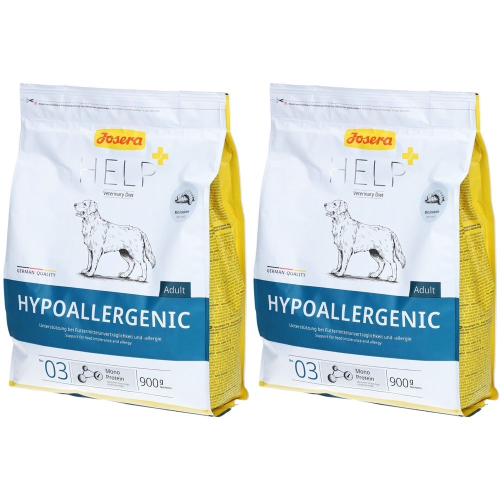 Deux sacs d'aliments pour animaux. Inscription : Josera HELP Hypoallergenic. Image d'un chien. Emballage jaune et blanc.