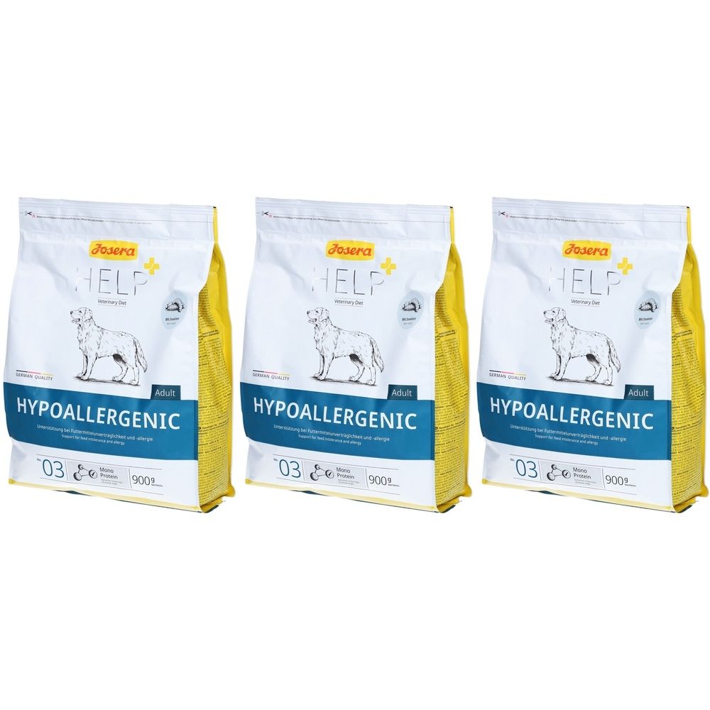 Drie zakken Josera Hypoallergenic hondenvoer. Wit-gele verpakking met logo, productnaam en afbeelding van een hond.